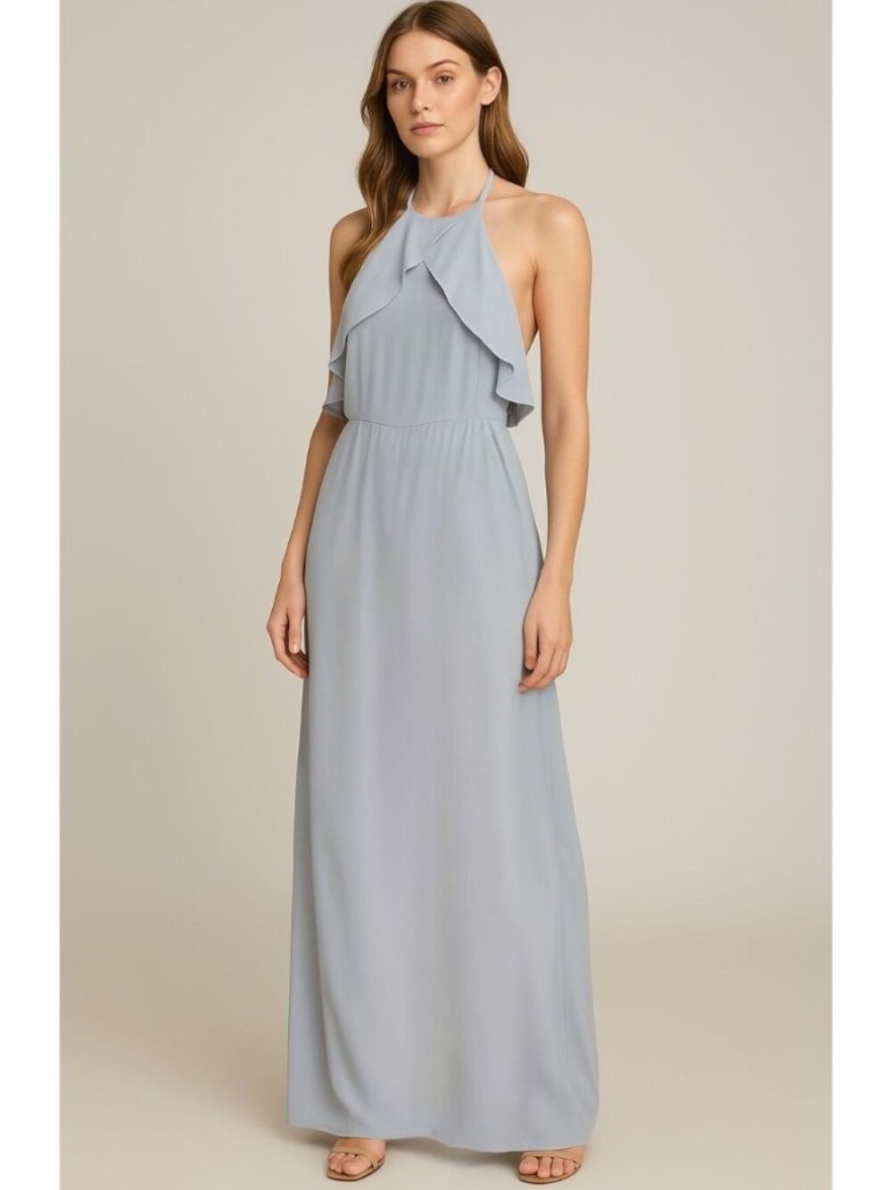 Nouvelle Amsale Blue Ice Chiffon Ruffle Halter Maxi Dress Bridesmaid XS Wedding